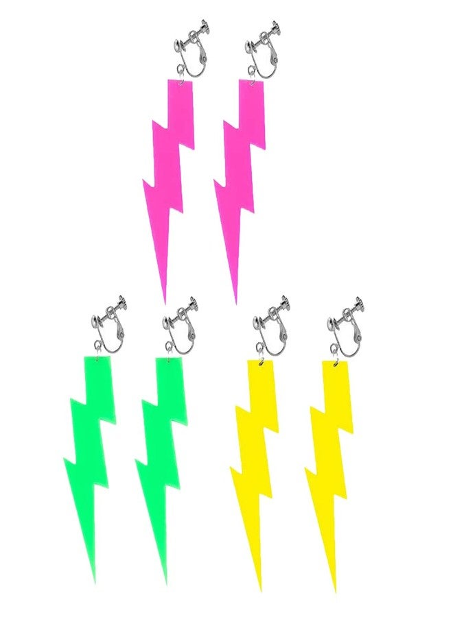 Modpide 3 Pairs 80S Neon Earrings Earrings Exaggerate Punk Lightning Bolt Clip on Earrings Halloween 1980s Party Non Pierced Clip Earrings for Women (rose red+green+yellow) - Image 1